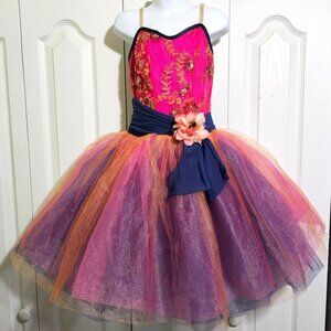 Pink Tricolor Tulle Lyrical Dance Ballet Costume Dress Floral Sequin Tutu Girls